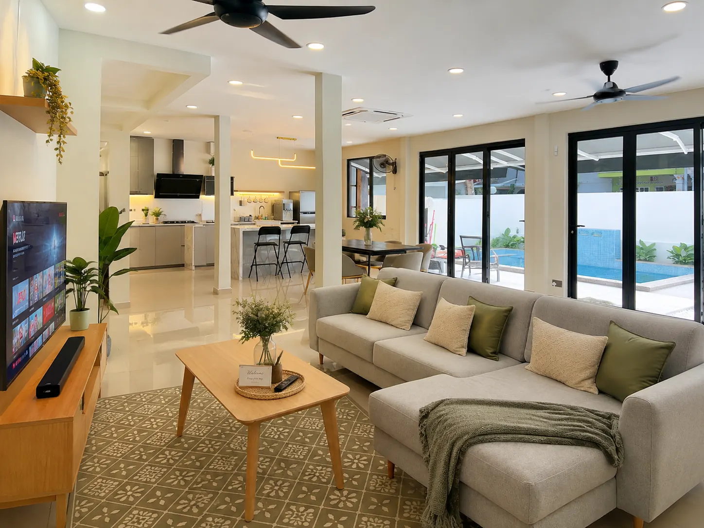 Open plan living room dining kitchen Homestay Greendoor Gombak